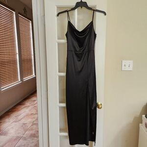 Vibe Sportswear Black Satin Slip Dress Cowl Neck Side Slit Y2K Minimalist 90s